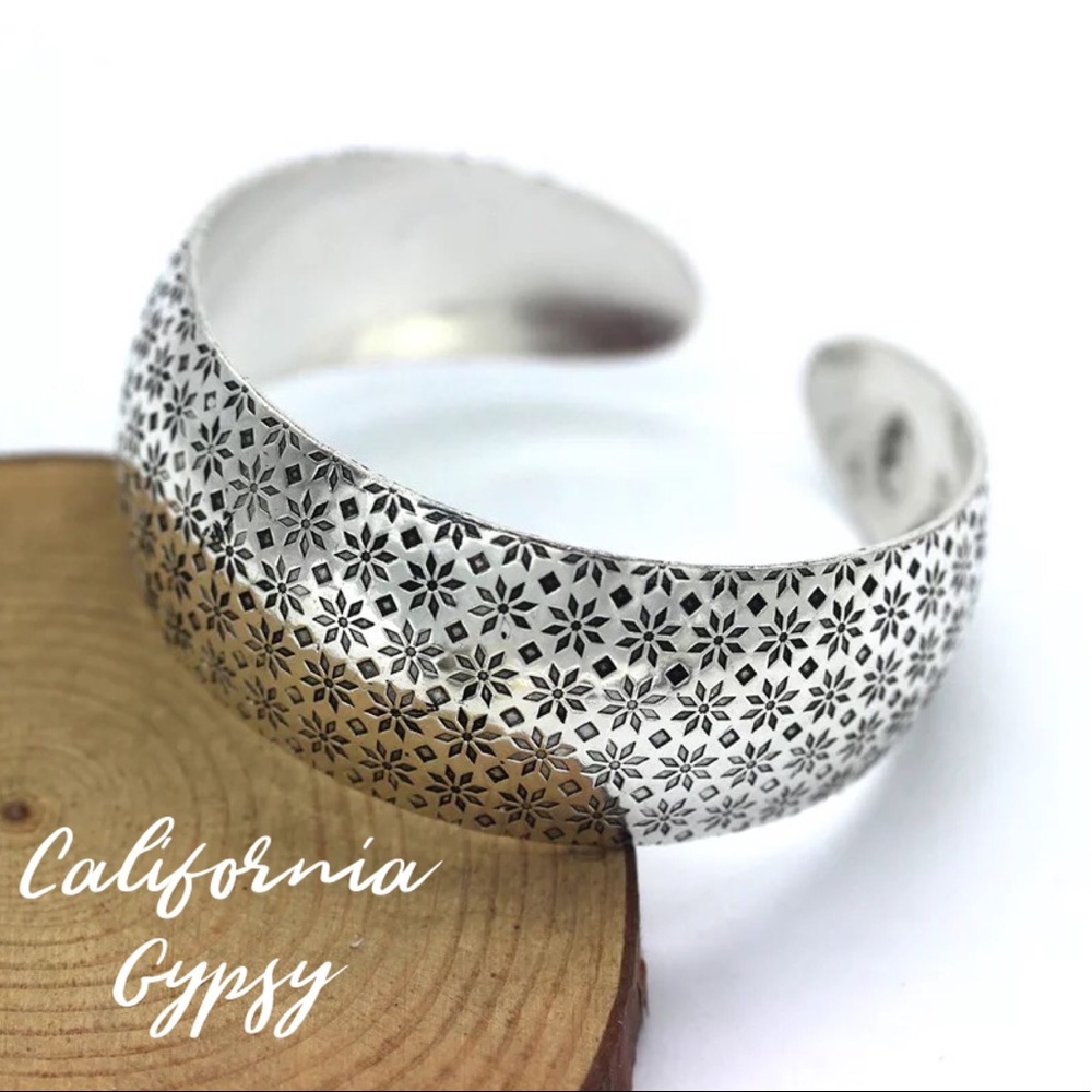 Etched Silver Boho Cuff Bracelet